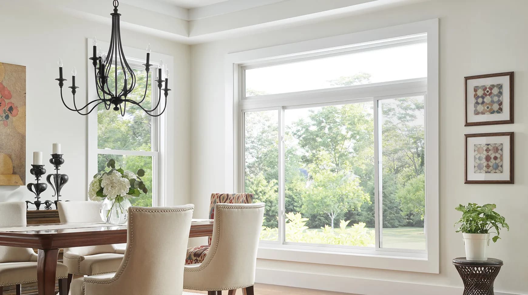 Bright dining room with replacement sliding windows